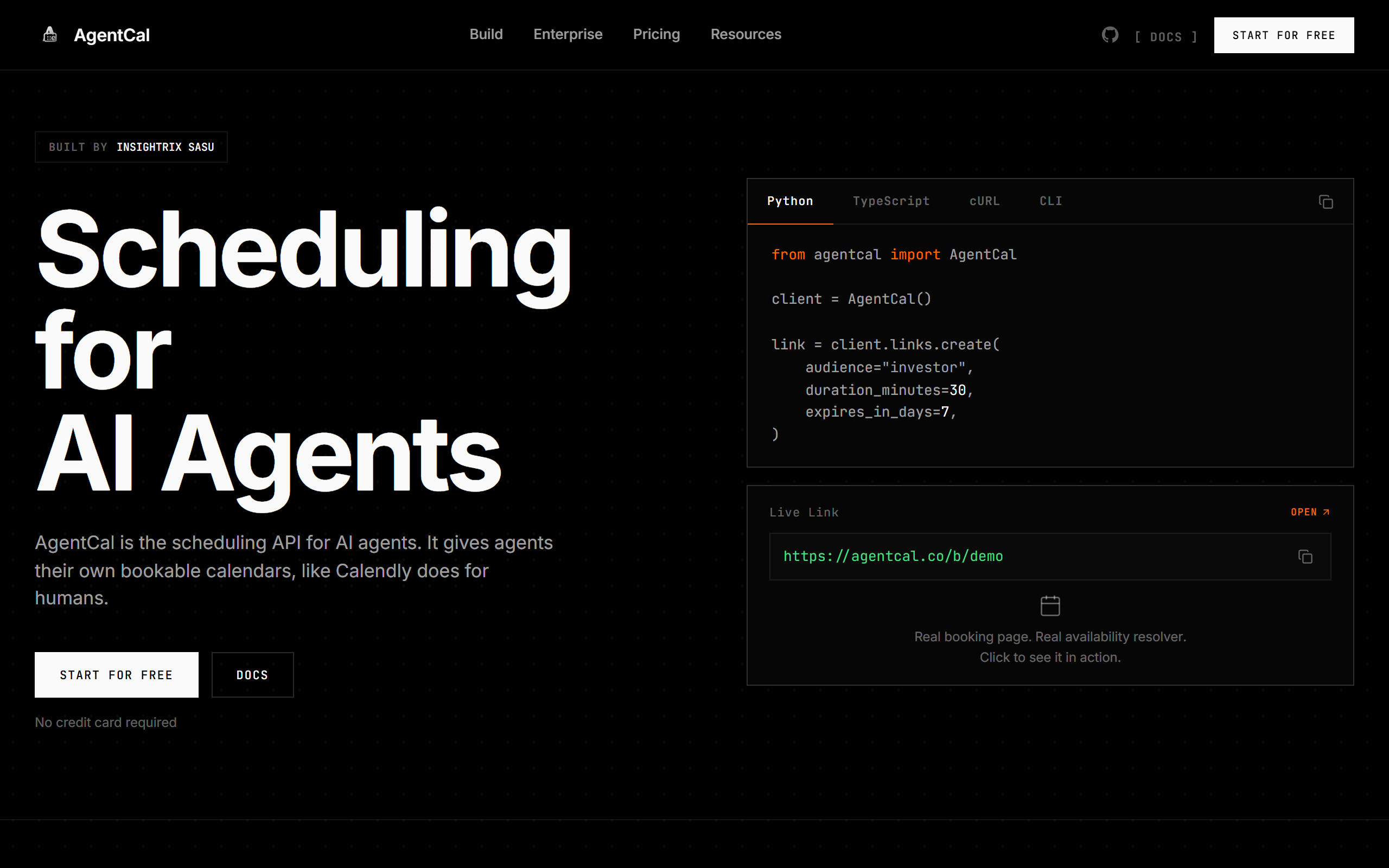 AgentCal landing page: a scheduling API for AI agents